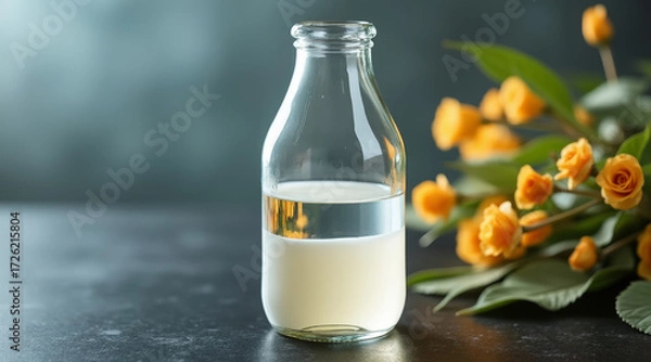 Fototapeta Dairy packaging concept ,fresh skim milk in transparent bio resin bottle with yellow flowers creating gentle warm mood