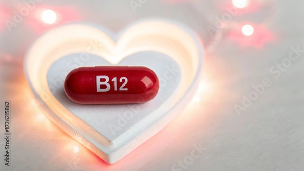 Fototapeta Vitamin B12 supplements concept ,red vitamin B12 capsule on heart tray with warm glow and soft light
