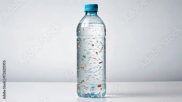 Fototapeta Microplastic and Contamination concept ,clear plastic bottle with floating microplastic particles and water droplets