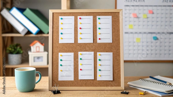 Fototapeta To do list board with colorful pushpin notes and coffee cup on desk, organized planning and focused productivity