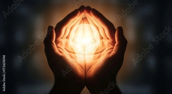 Obraz Cupped hands hold a bright glowing light bulb