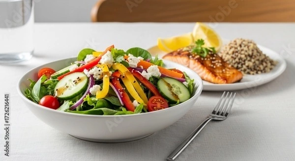 Obraz Fresh salad with grilled salmon and quinoa on a table