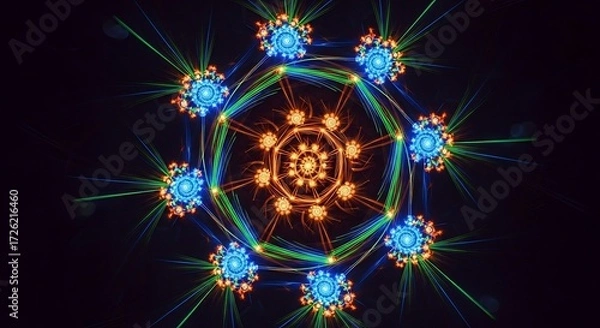 Obraz Fractal geometric pattern with blue and orange swirling elements on black
