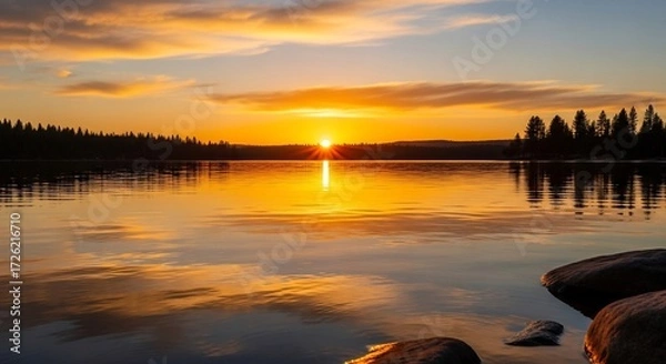 Obraz Golden sunset over a tranquil lake with silhouetted trees and reflective water