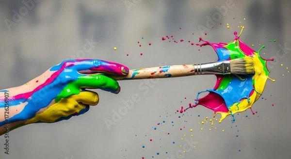 Obraz Hand covered in colorful paint splattering from a paintbrush