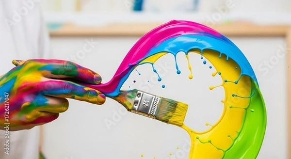 Obraz Hand covered in paint touching a paintbrush creating a splash