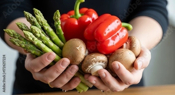 Obraz Hands holding fresh red bell peppers asparagus and mushrooms