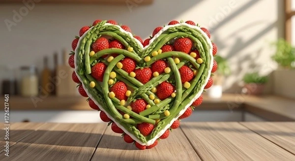 Obraz Heartshaped arrangement of strawberries and asparagus