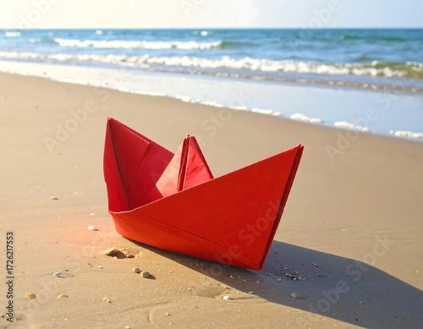Obraz Red origami boat on sandy beach by ocean