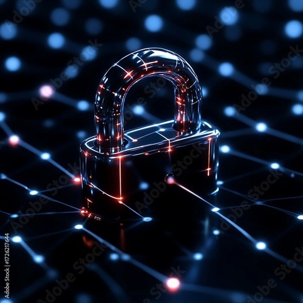 Fototapeta Metallic padlock on a network of glowing lines