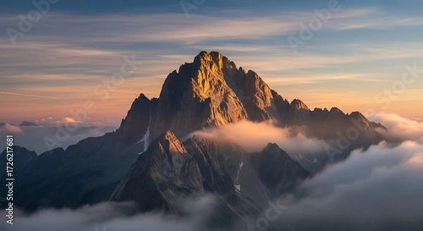 Obraz Jagged mountain peak at sunrise bathed in golden light with clouds below
