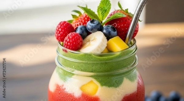 Obraz Layered fruit smoothie in a mason jar with fresh berries and banana