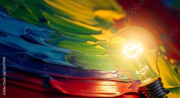 Obraz Lit lightbulb against a backdrop of swirling colorful paint