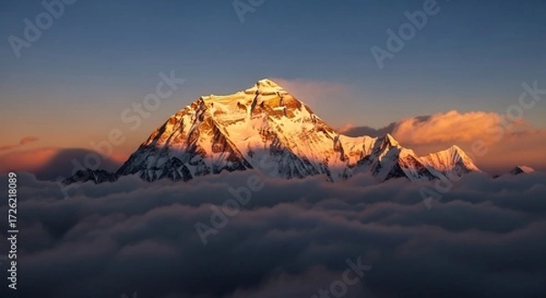 Obraz Majestic snowcapped mountain peak illuminated by sunrise above clouds
