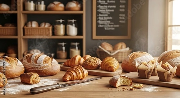 Fototapeta A rustic bakery counter displays freshly baked bread, croissants, muffins, and pastries. Warm lighting and steam emphasize the aroma and deliciousness. A knife rests on the wooden surface.