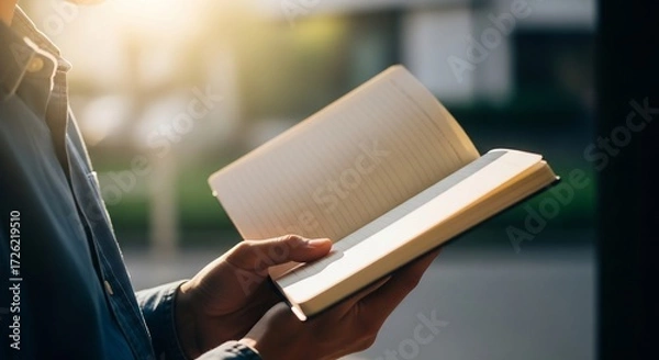 Obraz Person reading an open notebook in soft sunlight