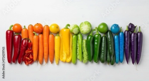 Obraz Rainbow of fresh vegetables arranged on a white surface