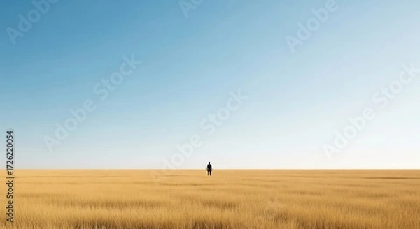 Obraz Silhouette of a person standing in a vast golden field under a clear blue sky