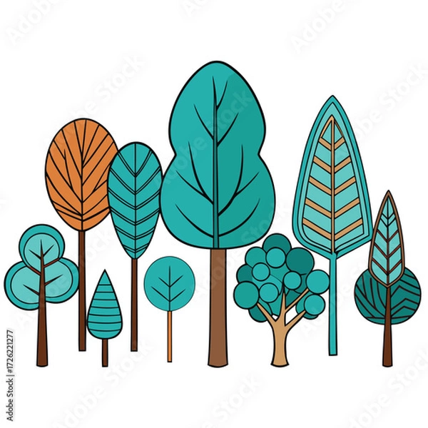 Fototapeta a diverse set of stylized trees in teal and brown .eps