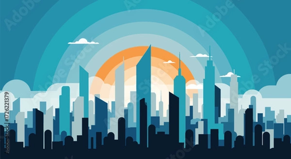 Obraz City skyline silhouette at sunset with skyscrapers and buildings.