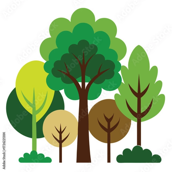 Fototapeta a diverse set of stylized trees in green and brown (2).eps