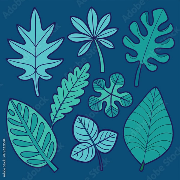 Fototapeta a collection of teal leaves in various shapes on a.eps