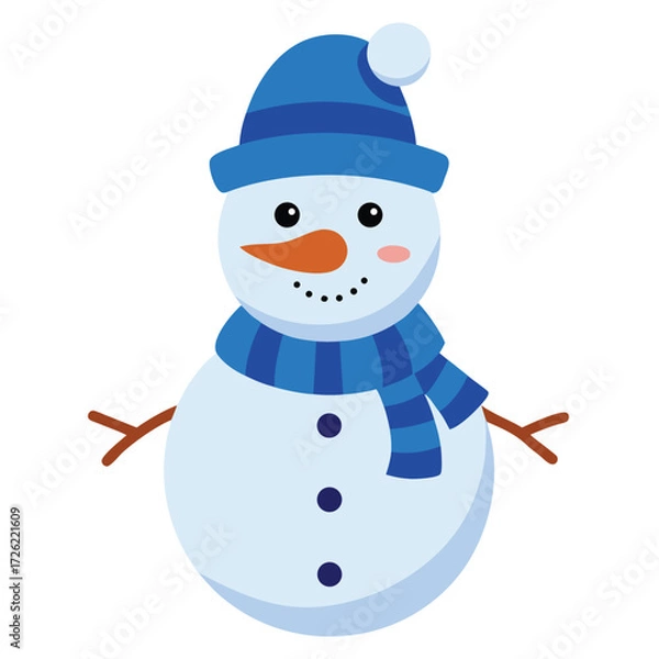 Fototapeta a cheerful snowman with a blue hat and scarf on a  (2).eps