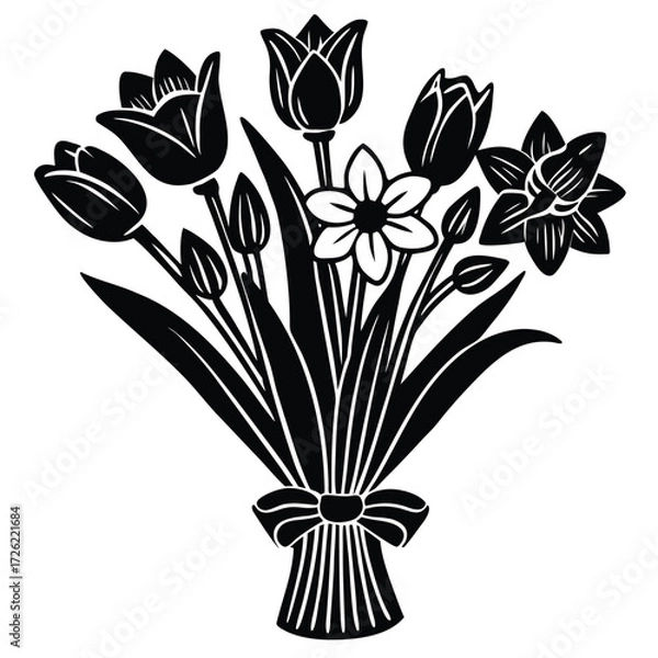 Fototapeta a bouquet of red tulips and yellow daffodils with  (2).eps