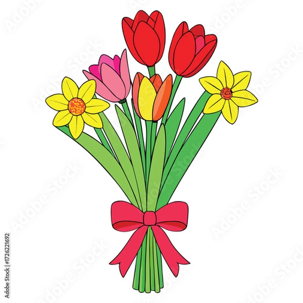 Fototapeta a bouquet of red tulips and yellow daffodils with  (1).eps