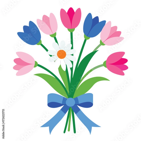 Fototapeta a bouquet of pink tulips and white daisies with a  (2).eps