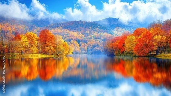 Obraz Autumn Lake Scenery: Colorful Forests Reflected in Tranquil Water, Mountain Mist Boosting Fall Atmosphere, for Landscape Decoration, Seasonal Design, Nature Scene Material