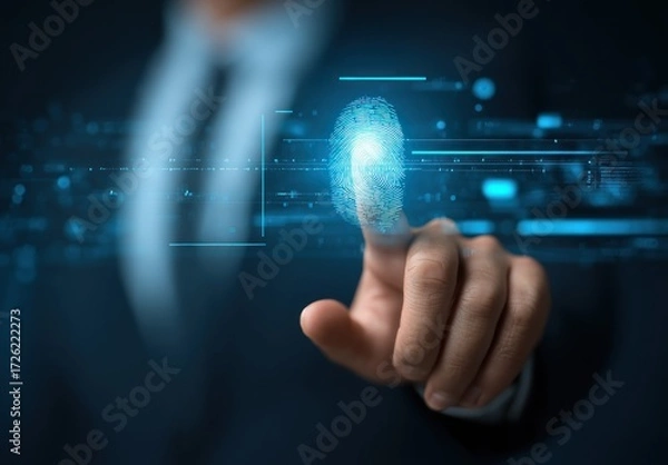 Obraz A person's fingertip interacts with a digital fingerprint interface, showcasing a futuristic technology concept.