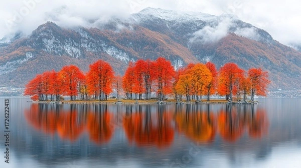 Obraz Autumn Lake Landscape: Colorful Forests Reflected in Calm Water, Mountain Mist Creating Fall Atmosphere, Suitable for Scenery Decoration and Seasonal Theme Design