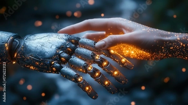 Obraz Futuristic Concept: Human-Robot AI Interaction Showcasing Machine Learning and Generative AI Technology