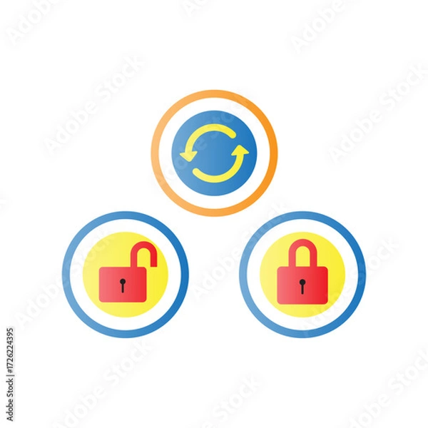 Fototapeta Essential digital security icons featuring refresh cycle, locked padlock, and unlocked access symbols for online protection