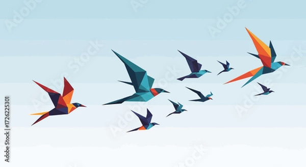 Fototapeta Flock of colorful birds in flight, low poly style.