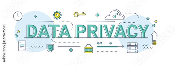 Obraz Data Privacy Concept Illustration: Central Sign Surrounded by Icons Representing Privacy Policy, Data Flow, Security Measures, and Information Protection