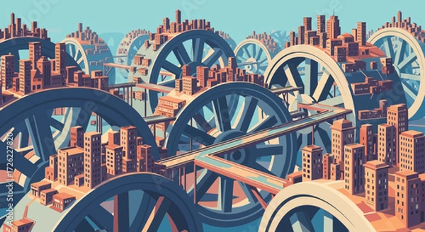 Fototapeta Large wooden wheels with spokes, a surreal and abstract composition.