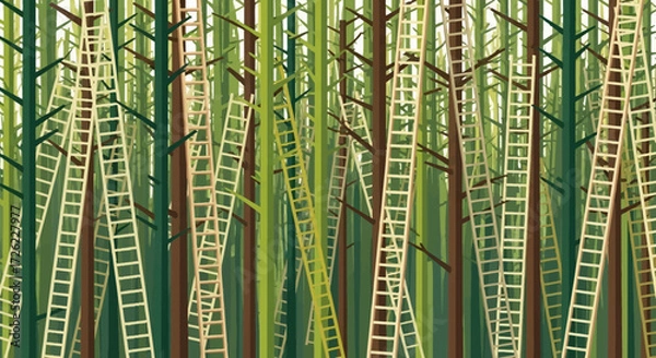 Fototapeta Ladders in a forest, a surreal and artistic composition.