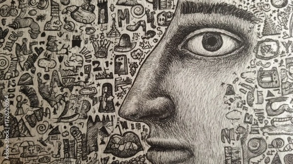 Obraz Intricate Black and White Illustration Featuring a Human Face Surrounded by Abstract Designs and Symbols