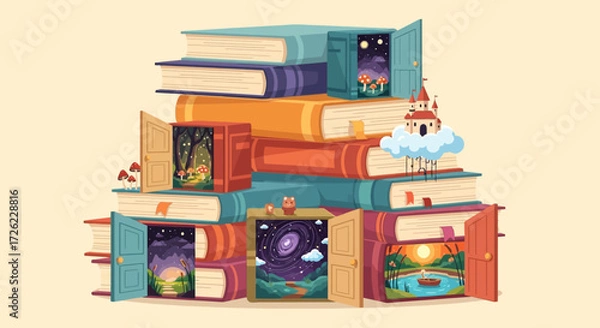 Fototapeta Magical stack of books with open pages revealing fantasy worlds.