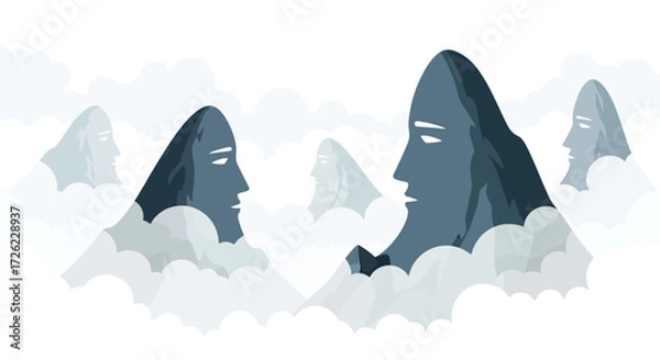 Fototapeta Mountainous Faces Contemplating Serene Clouds in a Dreamlike Landscape.