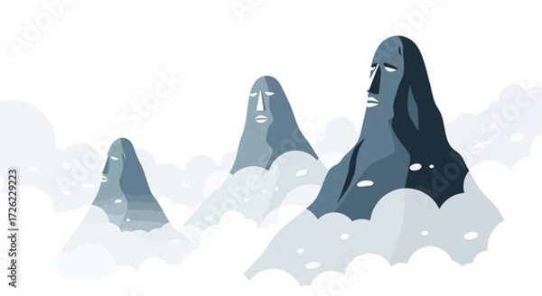 Fototapeta Mysterious mountain figures with ancient faces emerging from clouds.