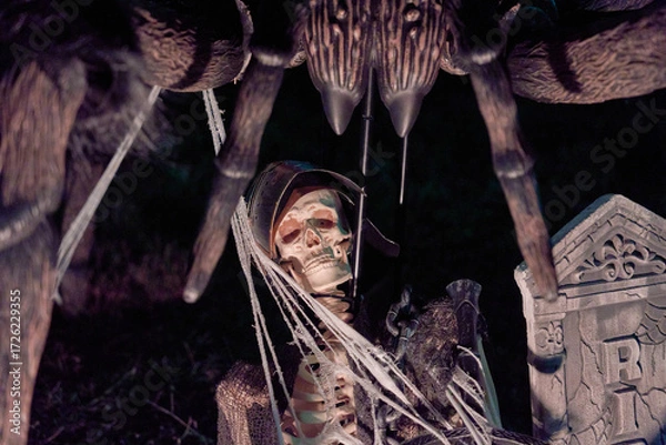 Fototapeta A Halloween skeleton sits beneath a giant spider with fangs, webs, and red eyes beside an RIP tombstone. Spooky yard decoration with dark lighting on a suburban lawn.