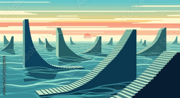 Fototapeta Numerous abstract ramps emerging from the water.