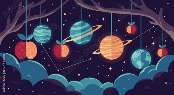Fototapeta Planets and apples hanging from tree branches in a whimsical night sky.