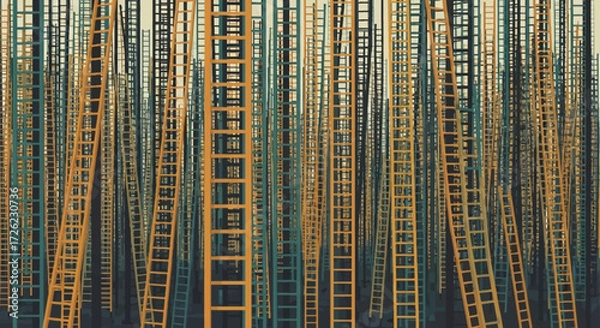 Fototapeta Numerous ladders standing upright creating a dense, vertical pattern.