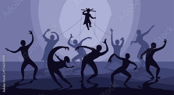 Fototapeta Silhouettes of dancers performing on stage with a puppet figure above.