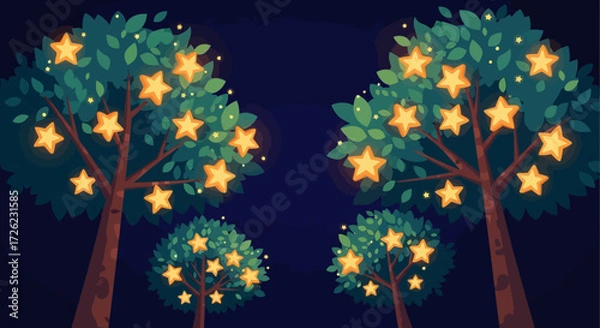Fototapeta Starry Trees - A Whimsical Nighttime Scene with Glowing Stars.