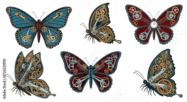 Fototapeta Steampunk Butterflies Collection - Mechanical Winged Wonders in Detailed Design.